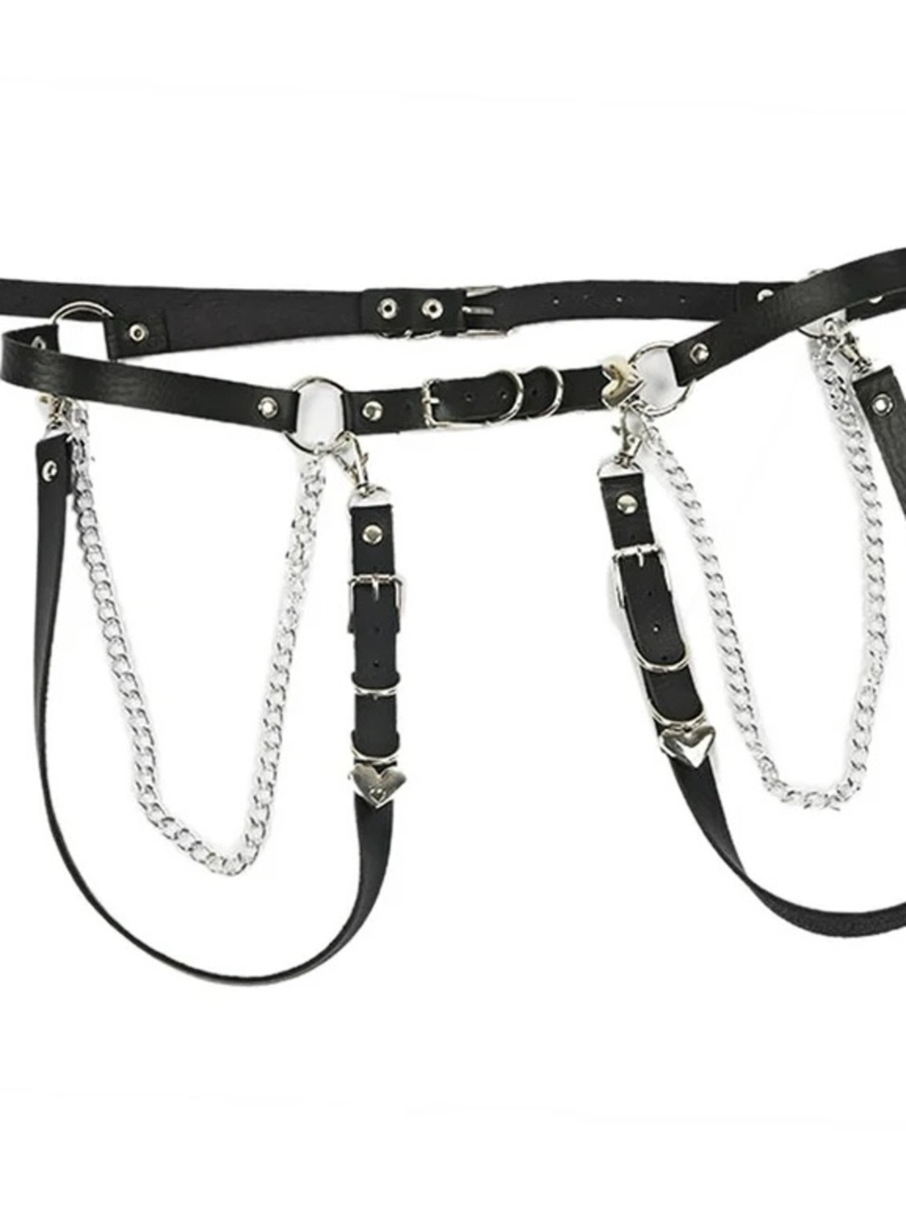 Hot Topic Black Faux Leather Body Harness Belt Silver Chain Heart Accents M L